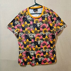 Colorful FRESHHOOD Graphic T-Shirt with Cat and Floral Design 2XL